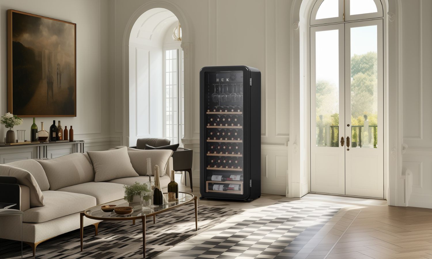 Tủ rượu cigar HCK SC-208RWA 208L Retro màu đen mặt kính (54 chai & 138 điếu cigar)