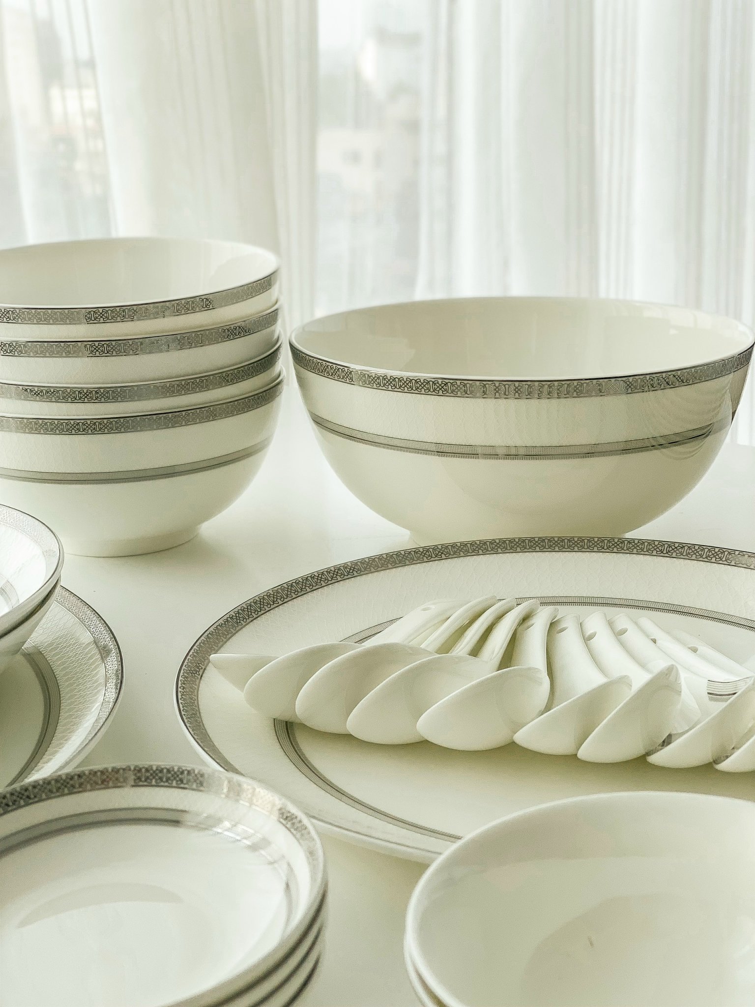 Bộ đồ ăn sứ xương bạch kim anh 50 sản phẩm