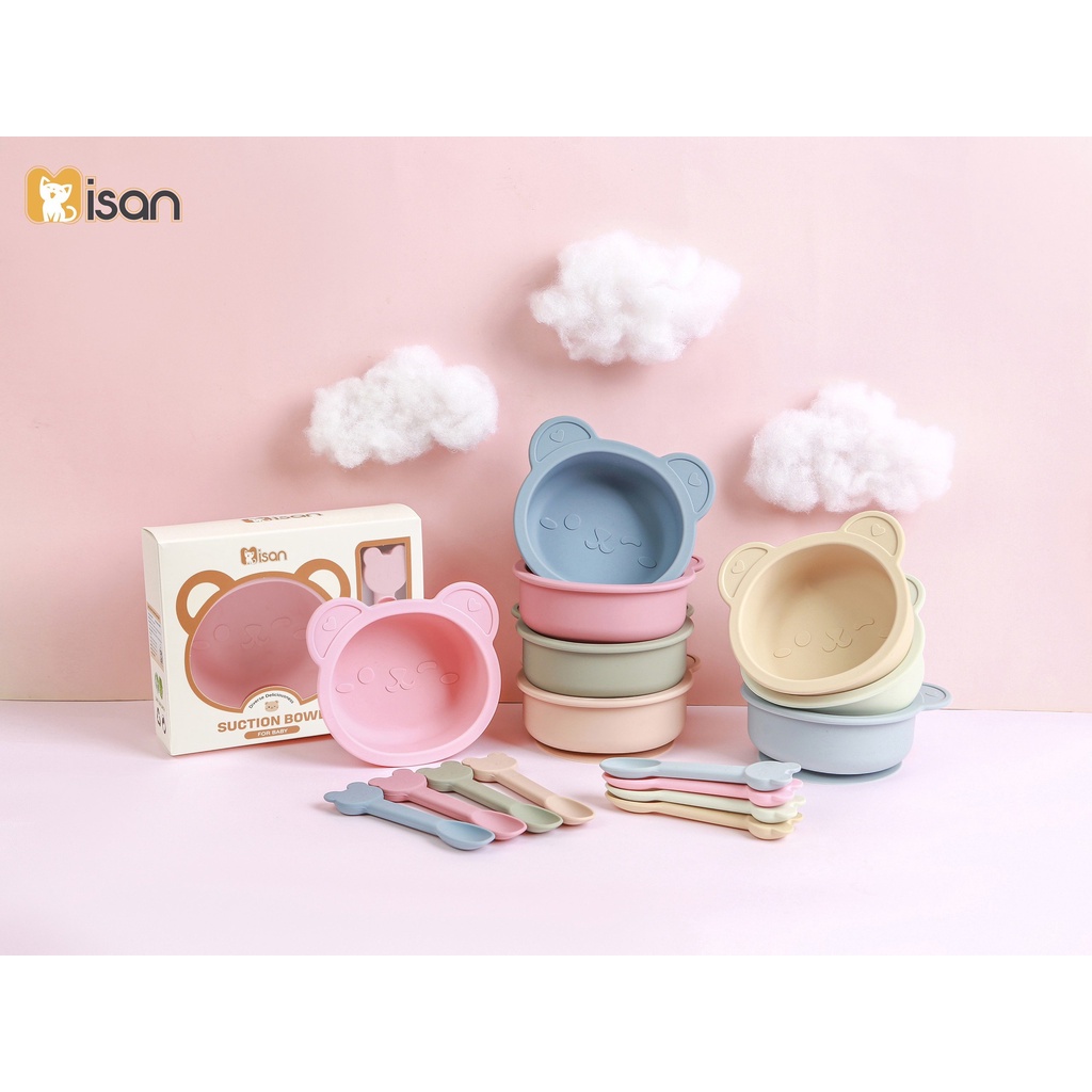 Bát siicone hình gấu Misan có đế hít kèm thìa