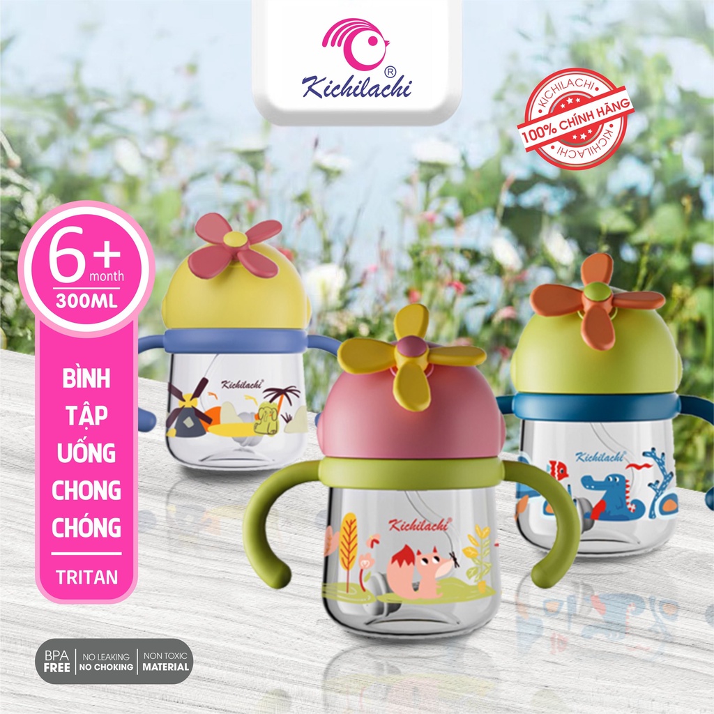 Bình tập uống nước nhựa Tritan Kichilachi chong chóng 300ml chống sặc cho bé từ 6 tháng