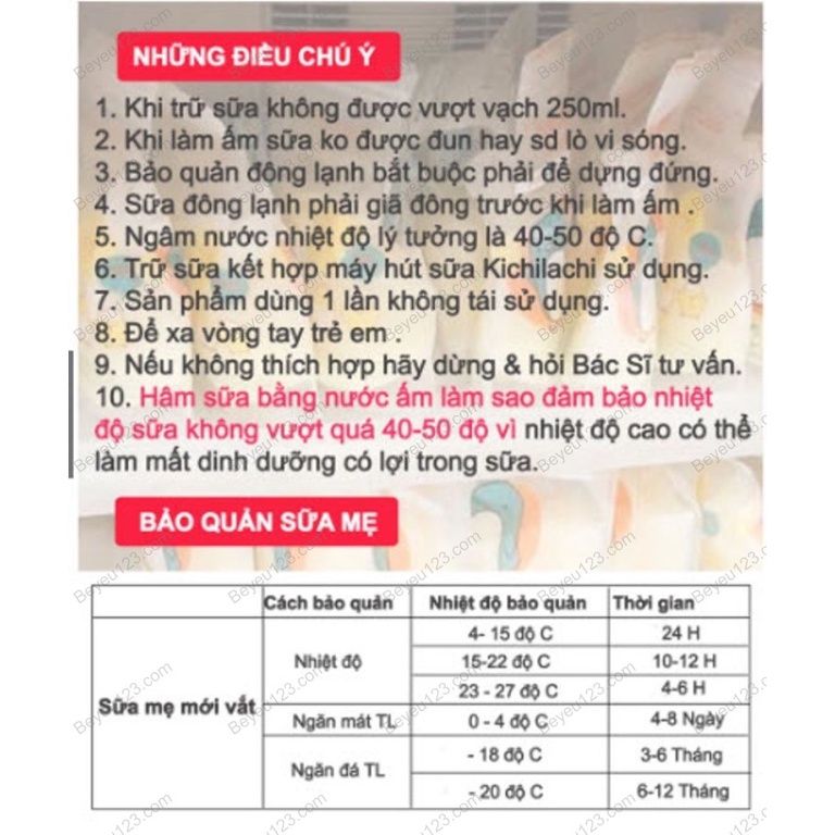 Túi trữ sữa cảm biên nhiệt plus Kichilachi, có vòi (50 túi, 250ml)