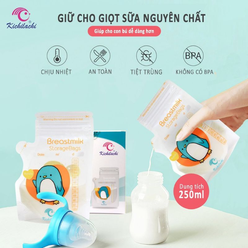 Túi trữ sữa cảm biên nhiệt plus Kichilachi, có vòi (50 túi, 250ml)