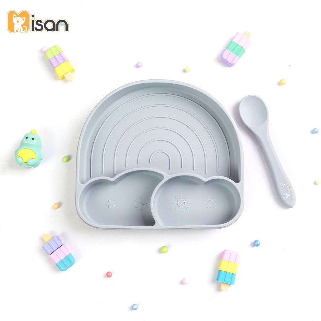 Khay silicone 3 ngăn hình mây Misan có đế hít kèm thìa