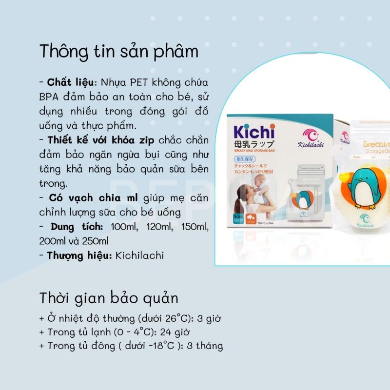 Túi trữ sữa cảm biên nhiệt plus Kichilachi, có vòi (50 túi, 250ml)
