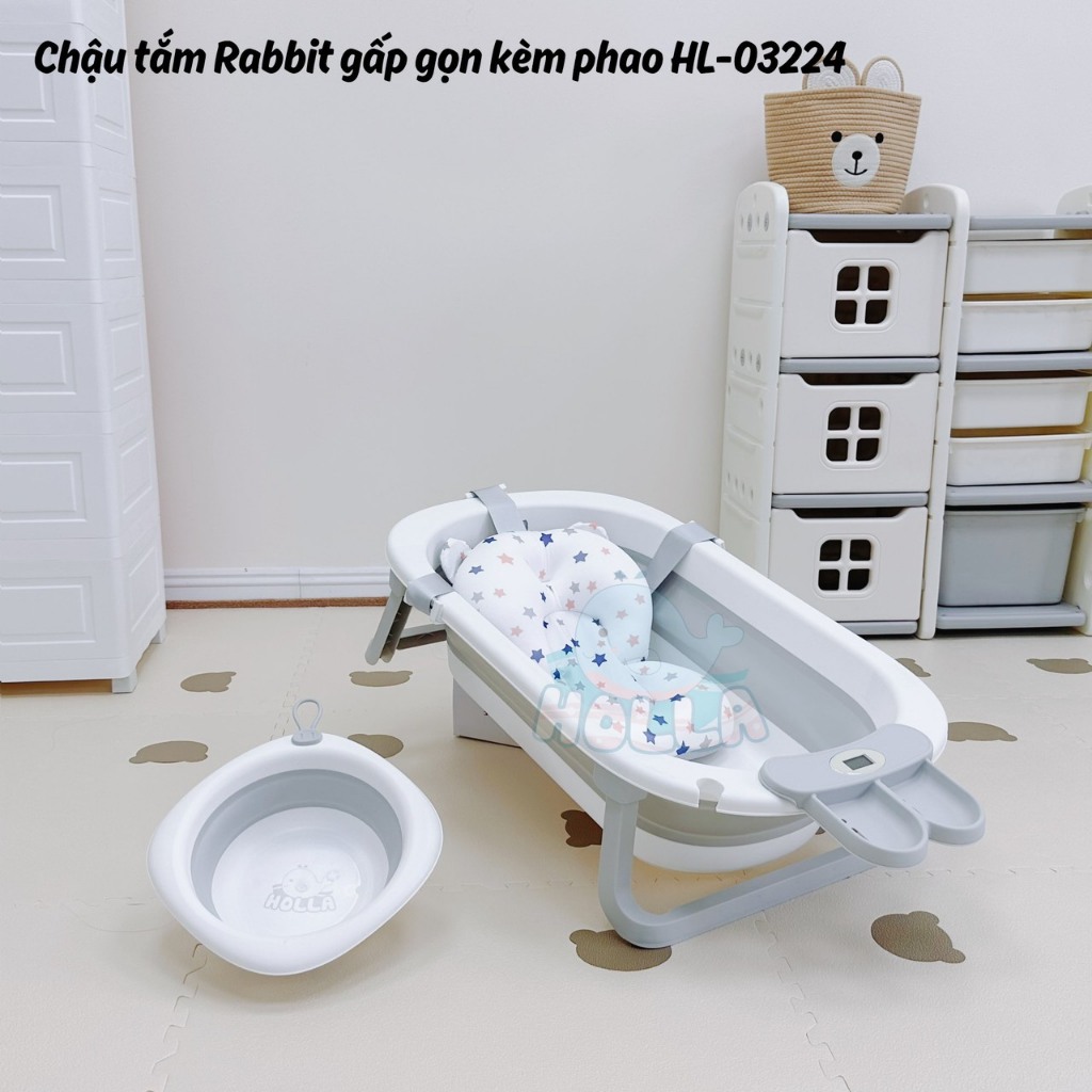 Chậu tắm gấp gọn HOLLA tai thỏ gấp gọn kèm phao (78*49*20cm)