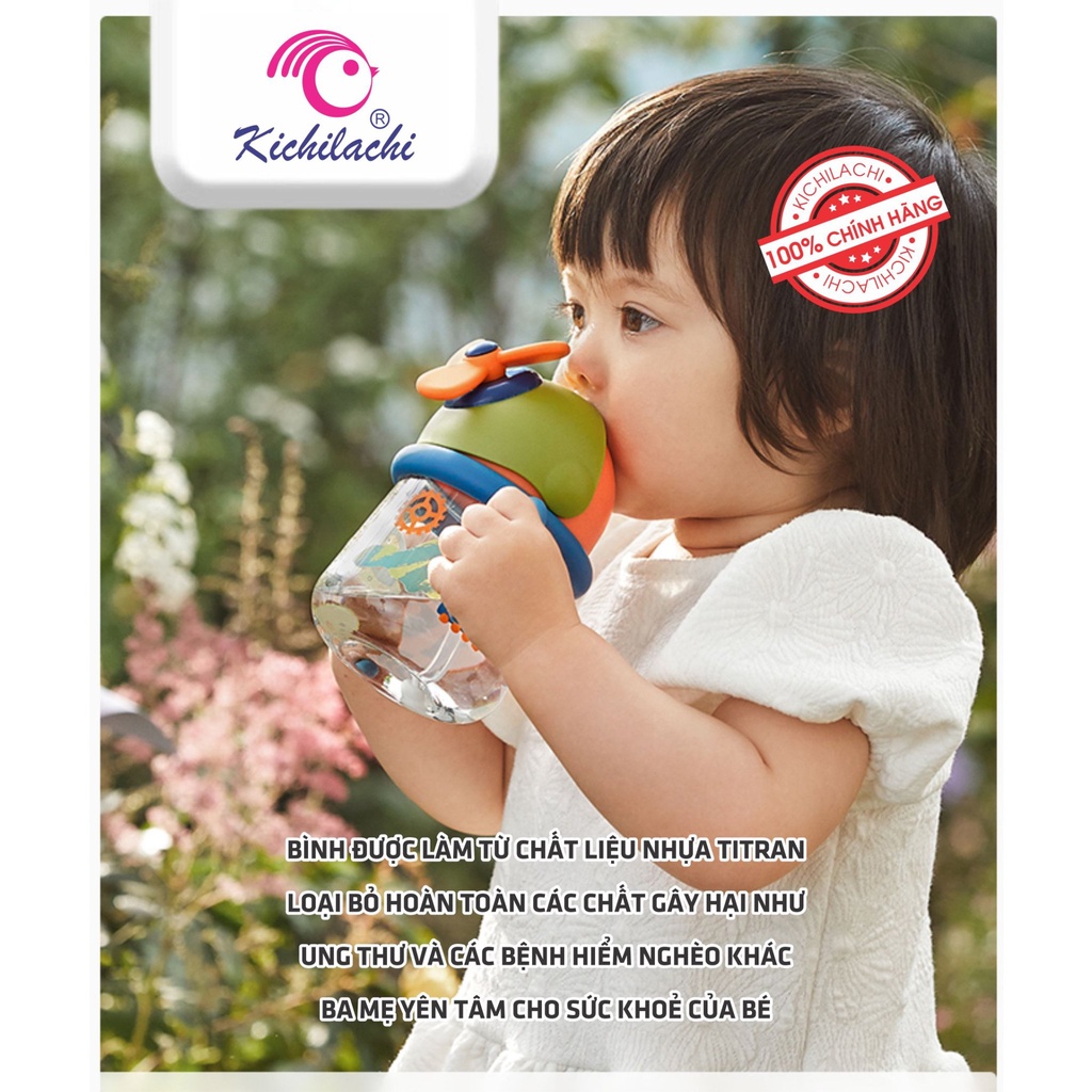 Bình tập uống nước nhựa Tritan Kichilachi chong chóng 300ml chống sặc cho bé từ 6 tháng