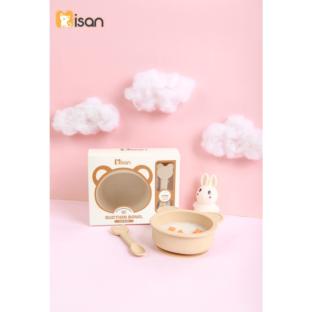 Bát siicone hình gấu Misan có đế hít kèm thìa