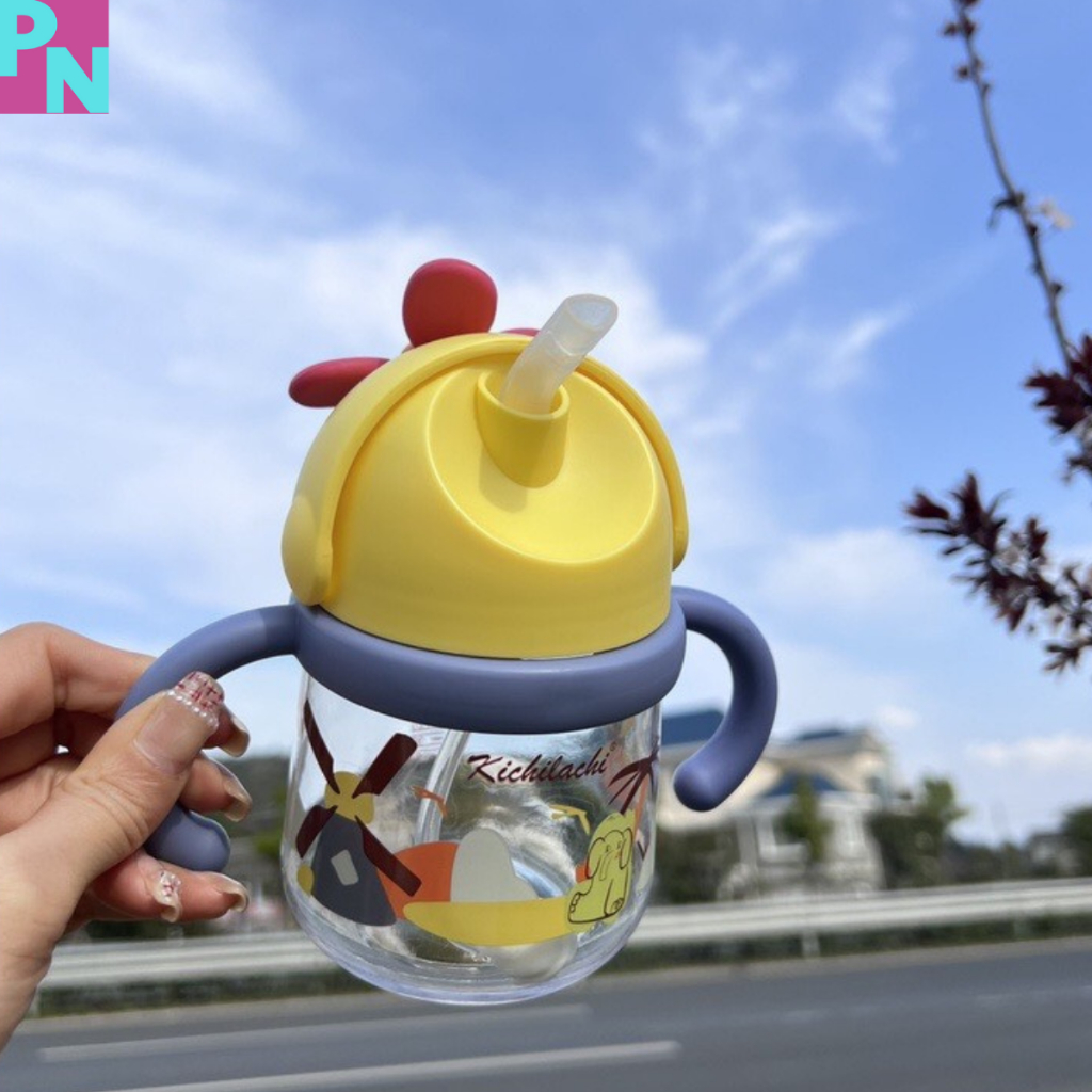 Bình tập uống nước nhựa Tritan Kichilachi chong chóng 300ml chống sặc cho bé từ 6 tháng