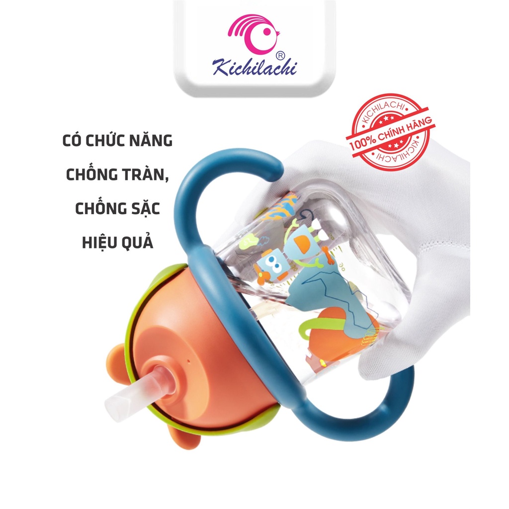 Bình tập uống nước nhựa Tritan Kichilachi chong chóng 300ml chống sặc cho bé từ 6 tháng