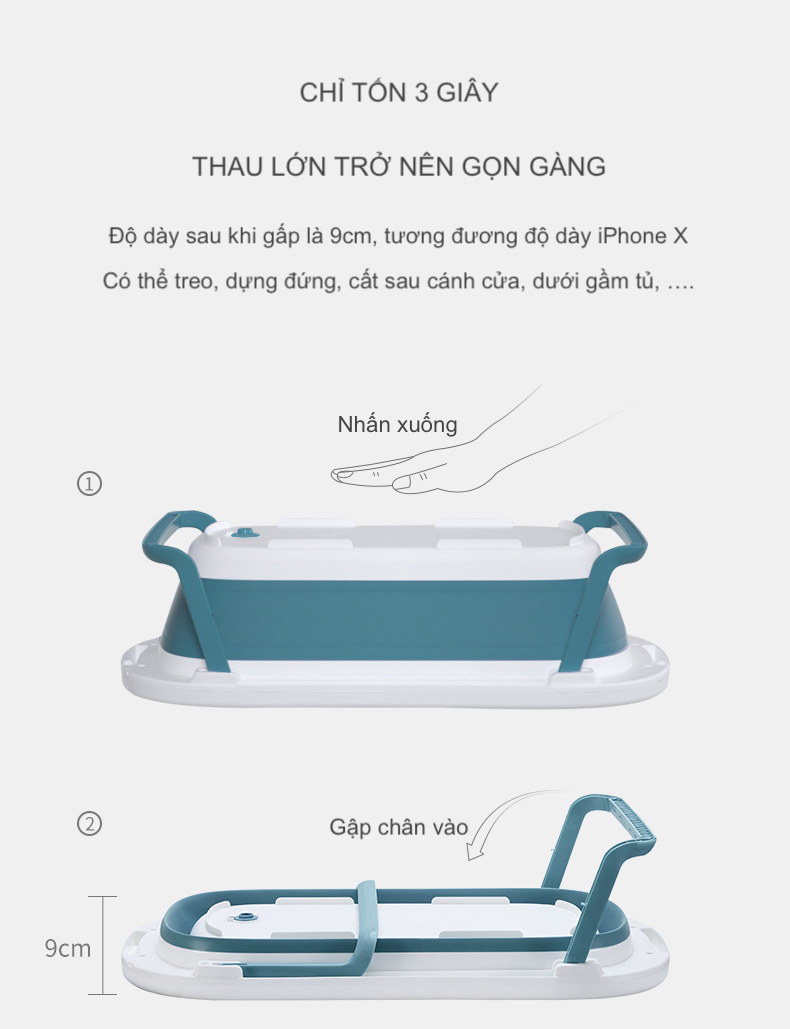 Chậu tắm cao cấp Honper hình bò thành silicone gấp gọn kèm lưới tắm bé (50x10.5x80.5cm)