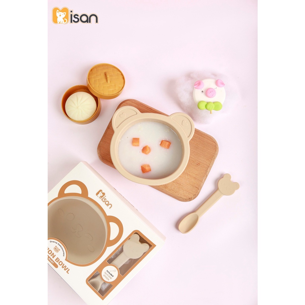 Bát siicone hình gấu Misan có đế hít kèm thìa