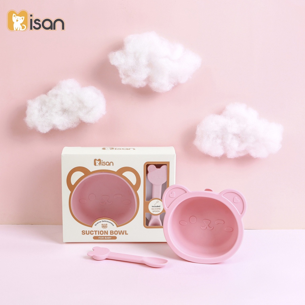 Bát siicone hình gấu Misan có đế hít kèm thìa
