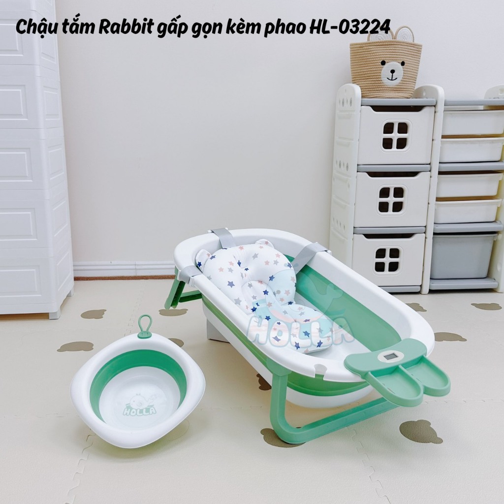 Chậu tắm gấp gọn HOLLA tai thỏ gấp gọn kèm phao (78*49*20cm)