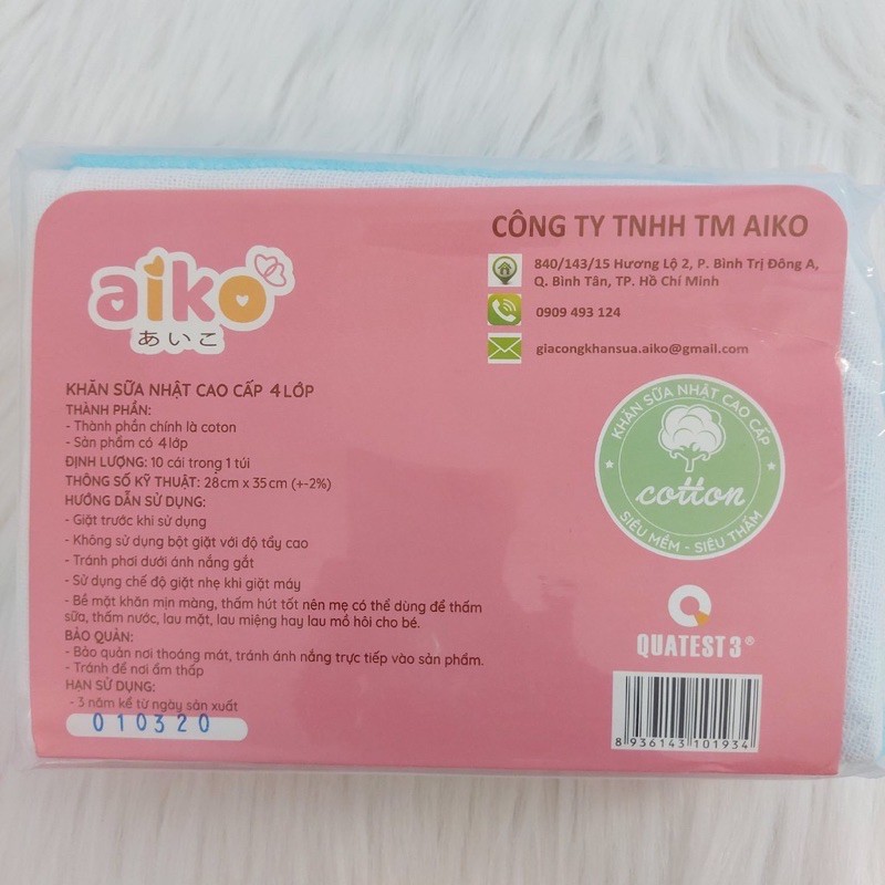 Set 10 khăn sữa xô 4 lớp Aiko lớn (28x35cm)