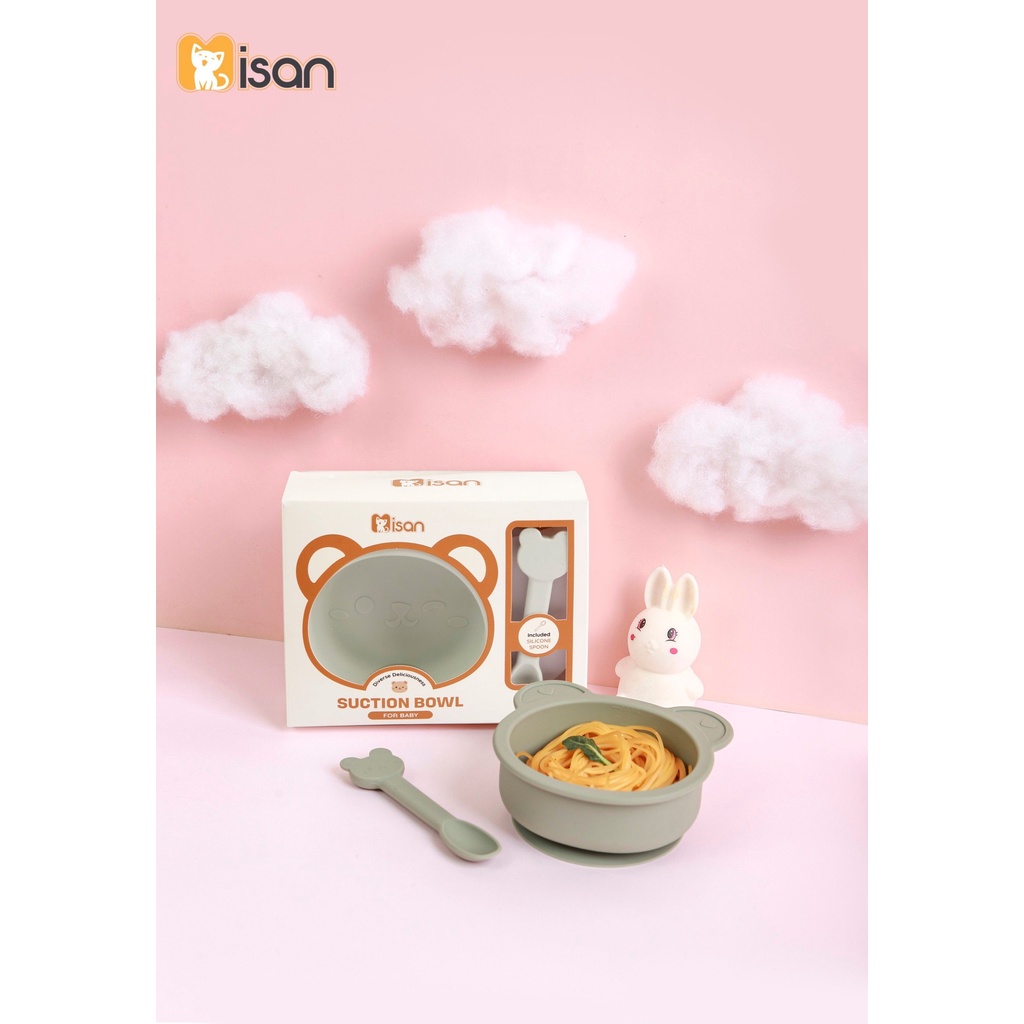 Bát siicone hình gấu Misan có đế hít kèm thìa