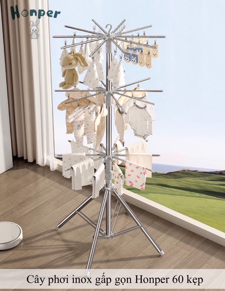 Cây phơi đồ inox gấp gọn Honper HP215 (60 kẹp)