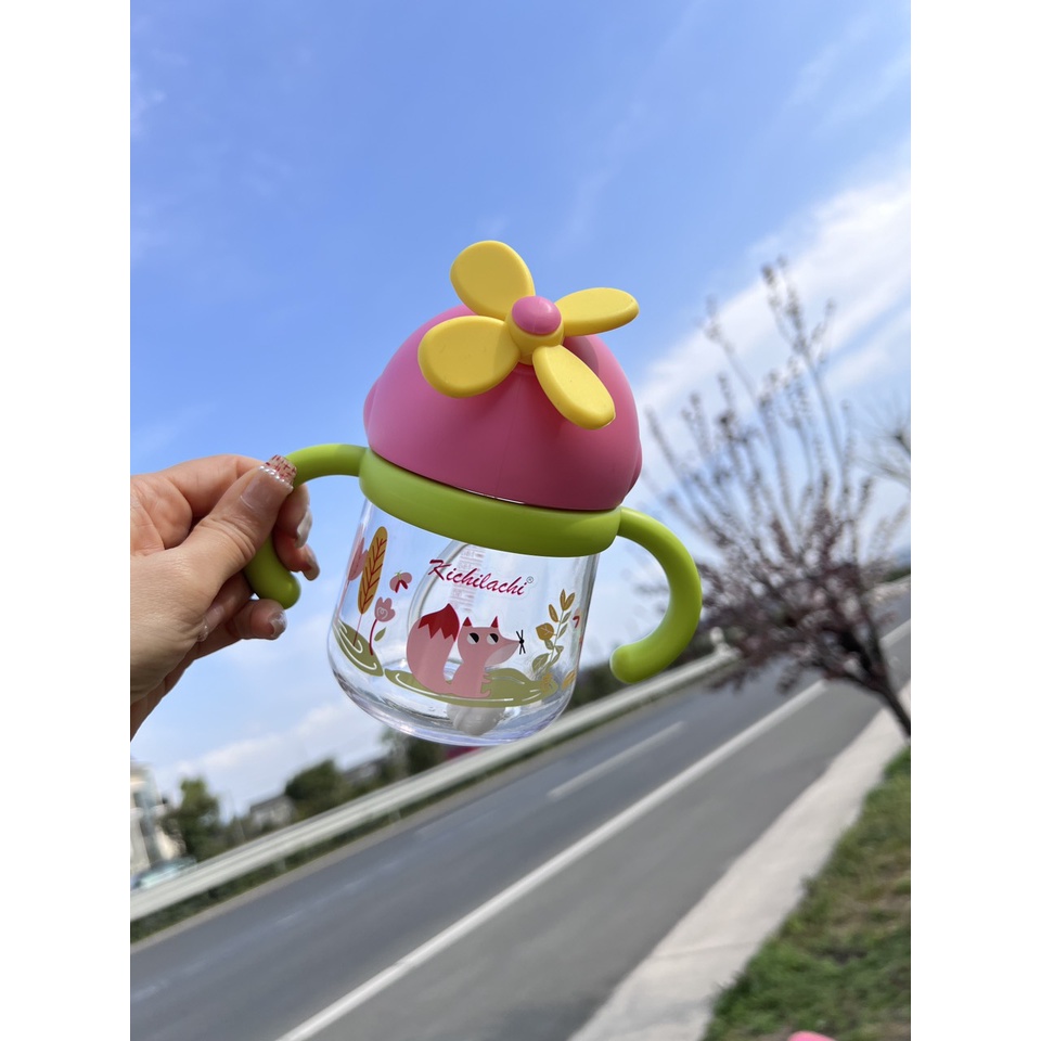 Bình tập uống nước nhựa Tritan Kichilachi chong chóng 300ml chống sặc cho bé từ 6 tháng