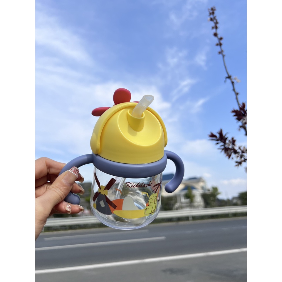 Bình tập uống nước nhựa Tritan Kichilachi chong chóng 300ml chống sặc cho bé từ 6 tháng