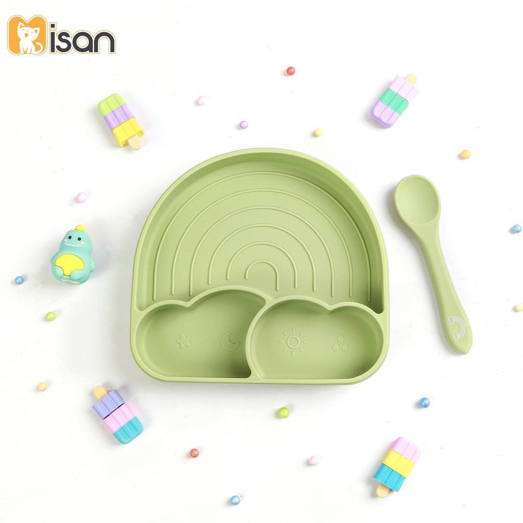 Khay silicone 3 ngăn hình mây Misan có đế hít kèm thìa