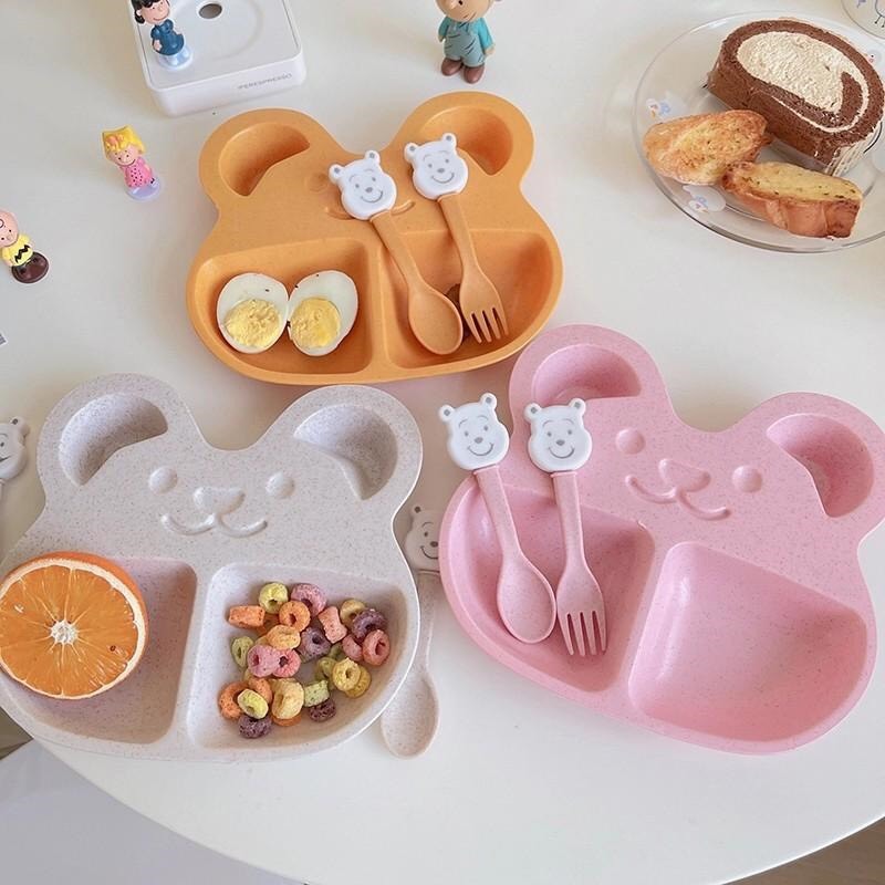 Set khay ăn dặm gấu lúa mạch kèm thìa nĩa