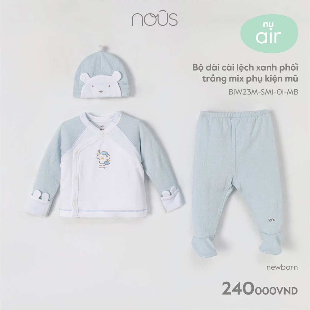 Bộ cài lệch Nous màu xanh phối trắng mix phụ kiện mũ Newborn  (dành cho bé sơ sinh dưới 3.8Kg)