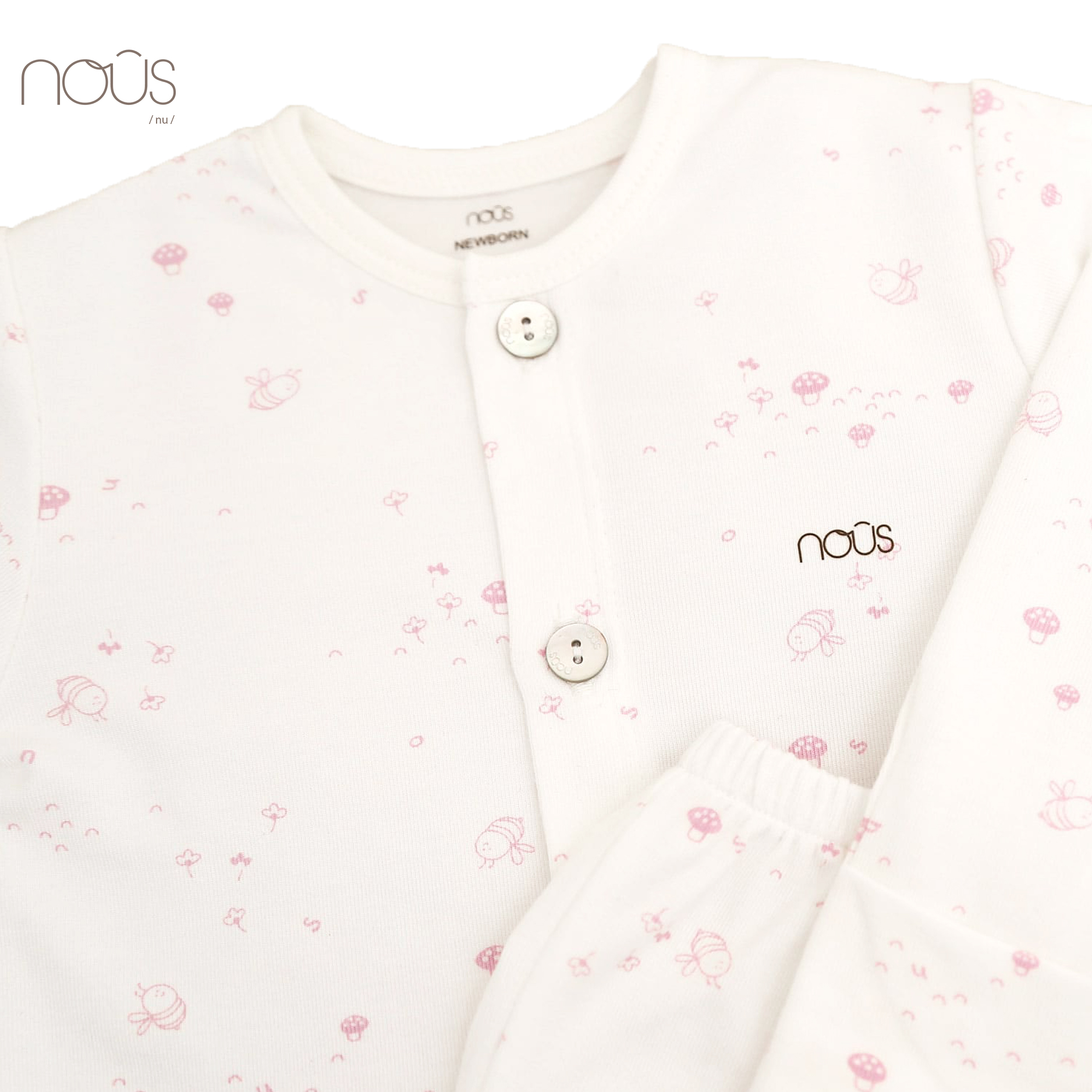 Bộ cài thẳng dài trắng hoạ tiết ong size Newborn (dành cho bé sơ sinh dưới 3.8Kg)