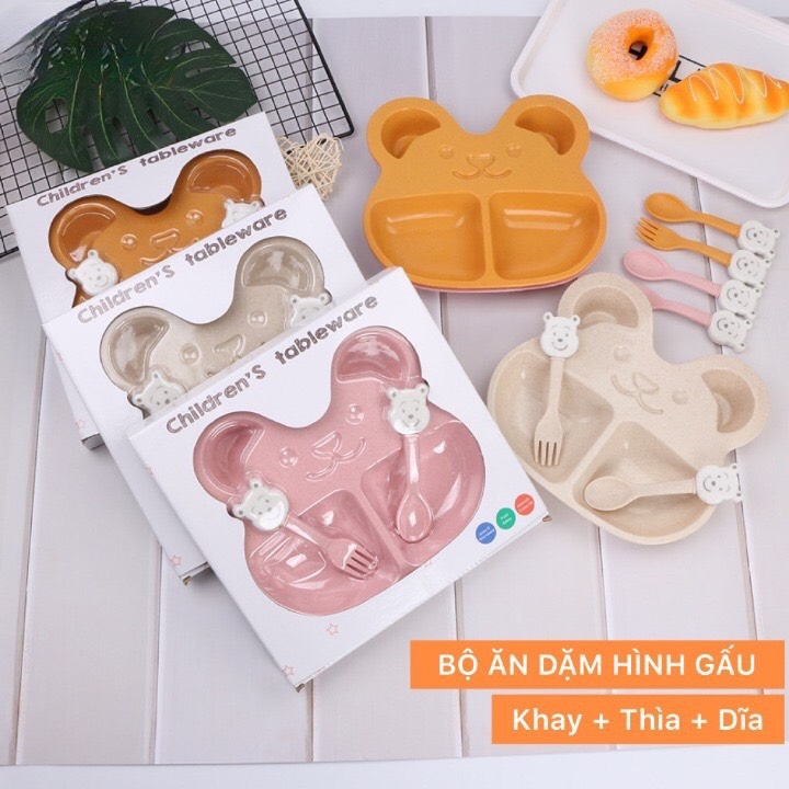 Set khay ăn dặm gấu lúa mạch kèm thìa nĩa