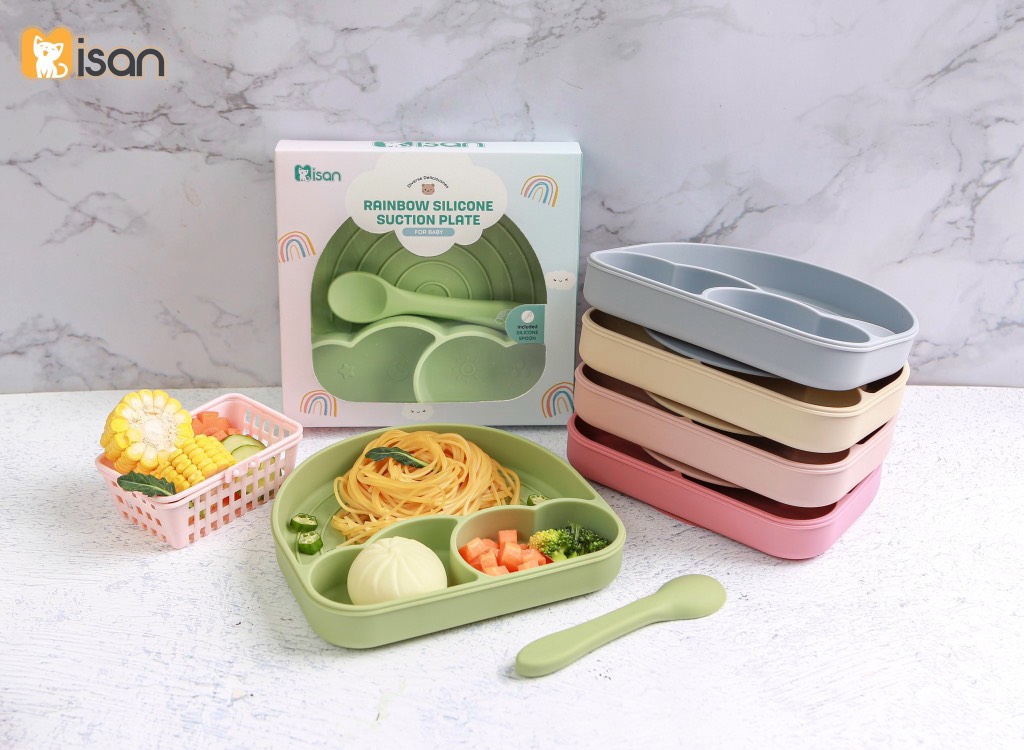 Khay silicone 3 ngăn hình mây Misan có đế hít kèm thìa