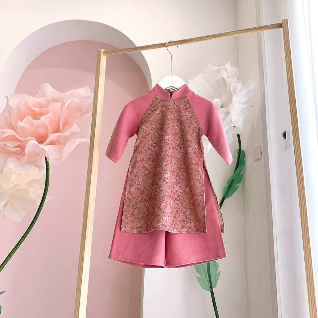 Áo dài nhung tăm hồng Op Kids