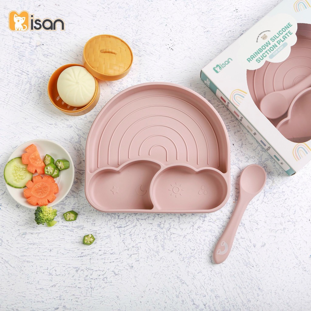 Khay silicone 3 ngăn hình mây Misan có đế hít kèm thìa