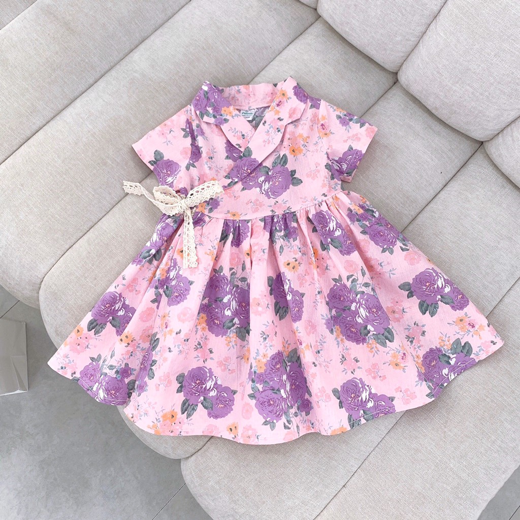 Đầm cổ vest hoa tím Op Kids