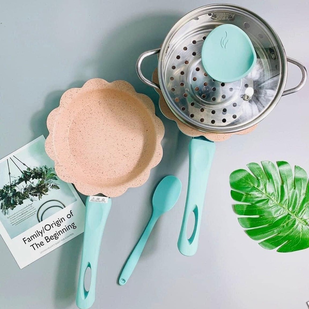 Bộ nồi, chảo đá hoa kèm xửng hấp Okby