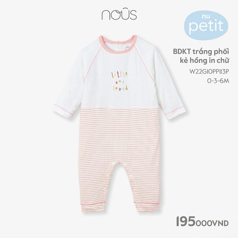 Bodysuit không tất Nous trắng phối kẻ hồng in chữ