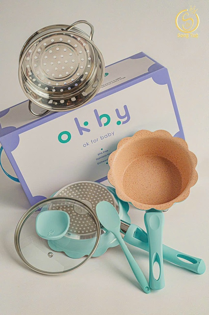 Bộ nồi, chảo đá hoa kèm xửng hấp Okby
