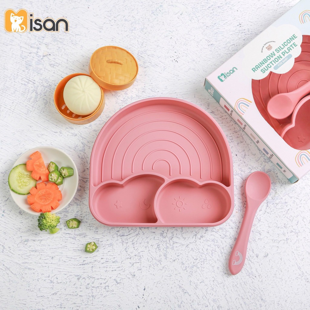 Khay silicone 3 ngăn hình mây Misan có đế hít kèm thìa