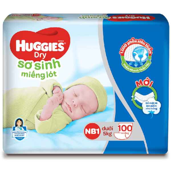 Miếng lót sơ sinh Huggies Dry size Newborn 1 108 + 9 miếng (dưới 5kg)