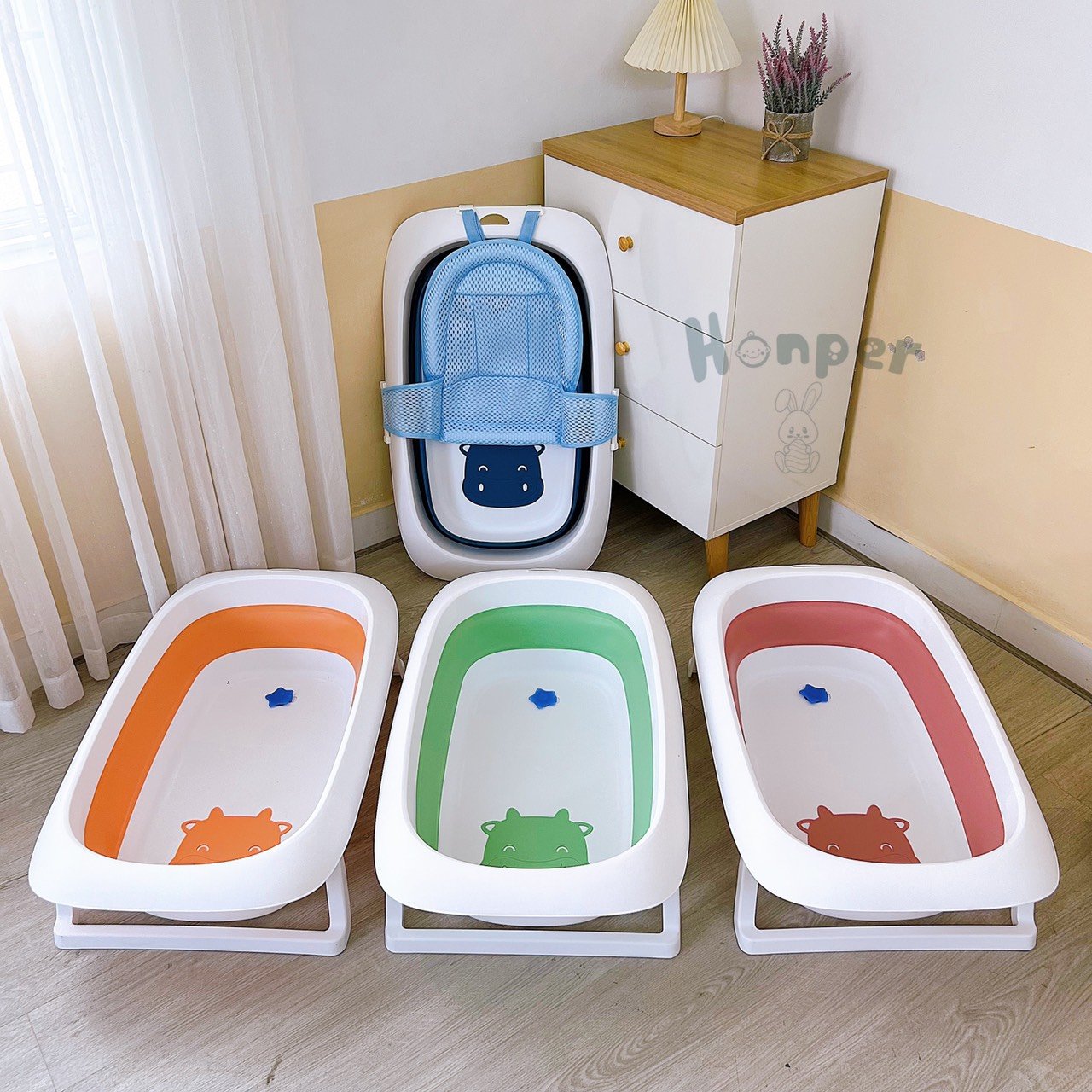 Chậu tắm cao cấp Honper hình bò thành silicone gấp gọn kèm lưới tắm bé (50x10.5x80.5cm)