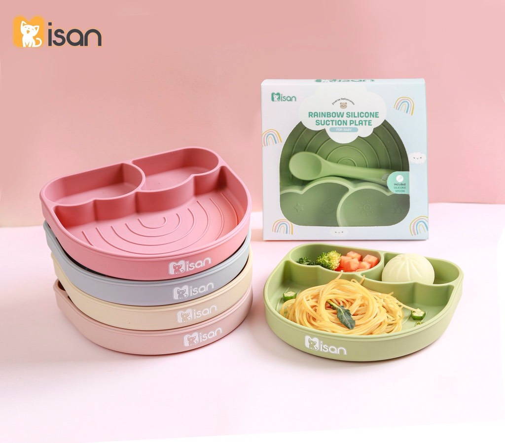 Khay silicone 3 ngăn hình mây Misan có đế hít kèm thìa