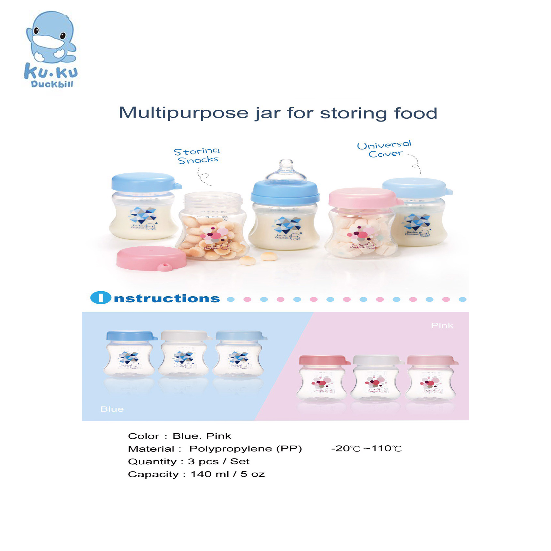 Bộ 3 bình trữ sữa KUKU bằng nhựa PP dung tích 140ml