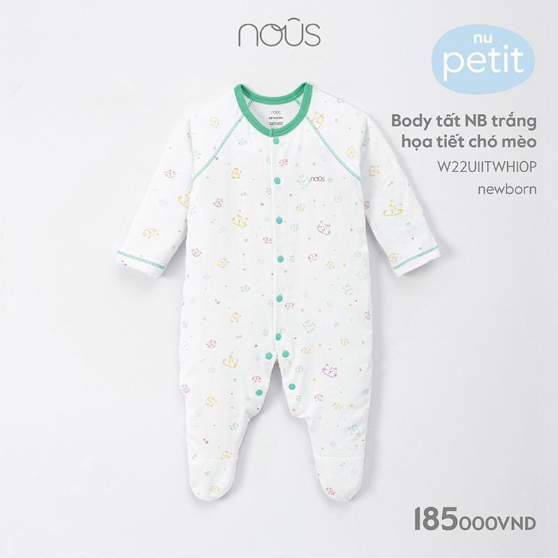 Body có tất Nous trắng họa tiết chó mèo size Newborn