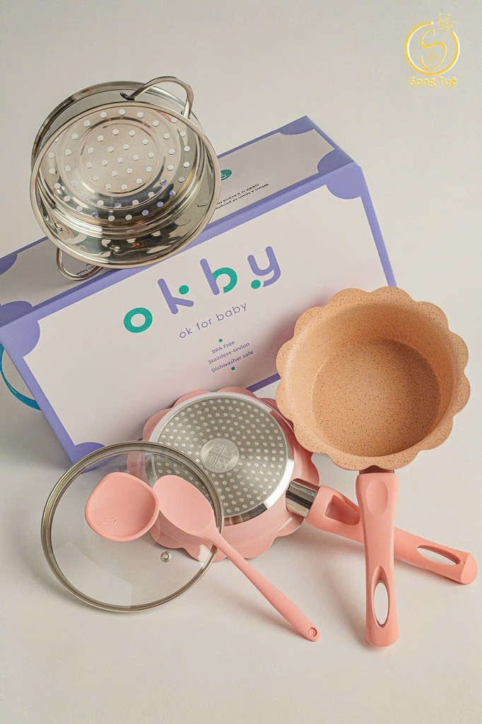 Bộ nồi, chảo đá hoa kèm xửng hấp Okby
