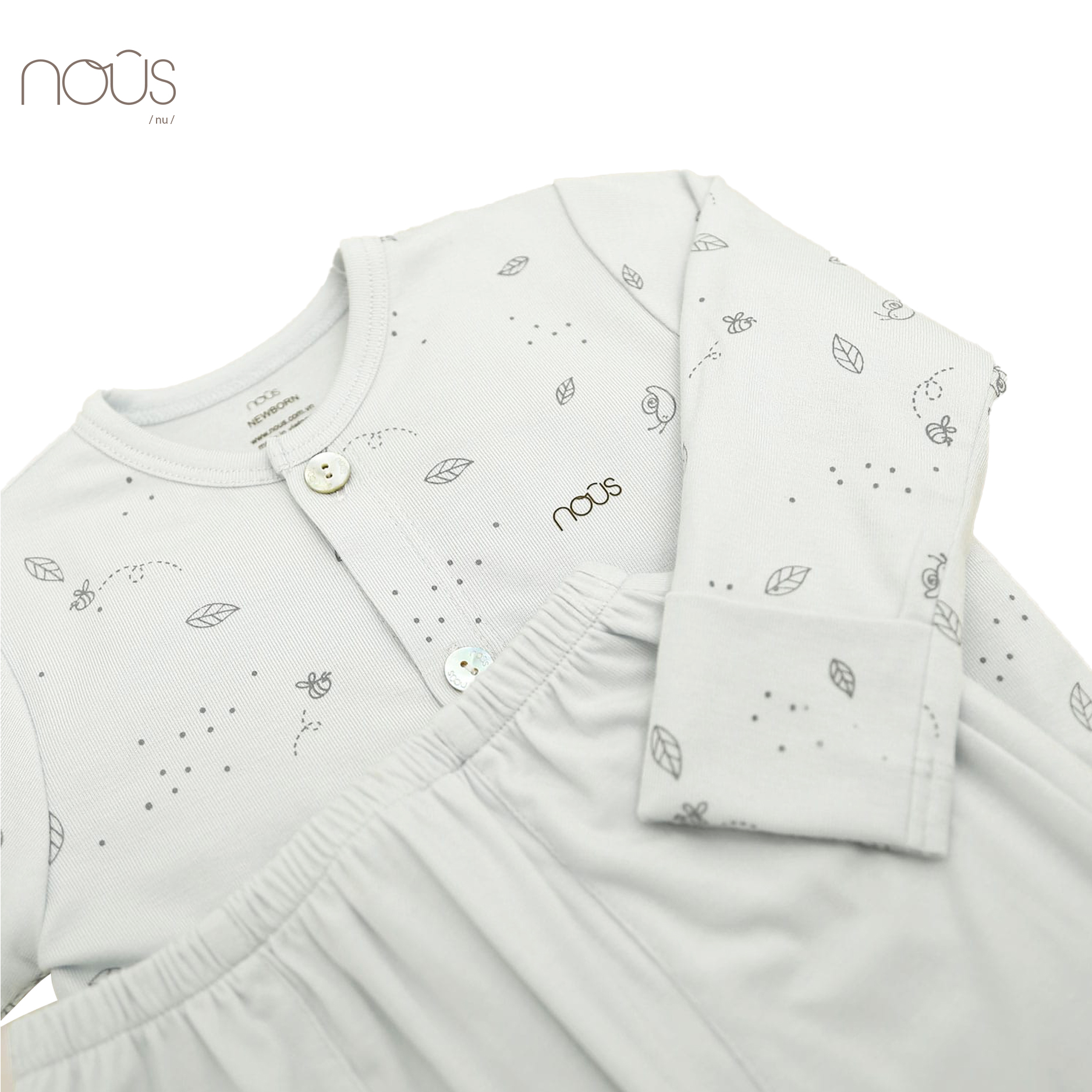Bộ cài thẳng dài xanh hoạ tiết ốc sên size Newborn (dành cho bé sơ sinh dưới 3.8Kg)
