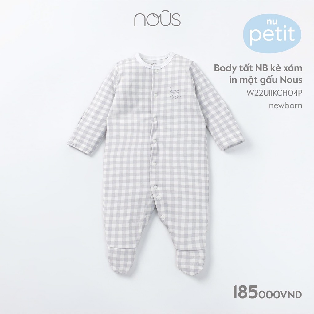 Body có tất Nous kẻ xám in hình gấu size Newborn