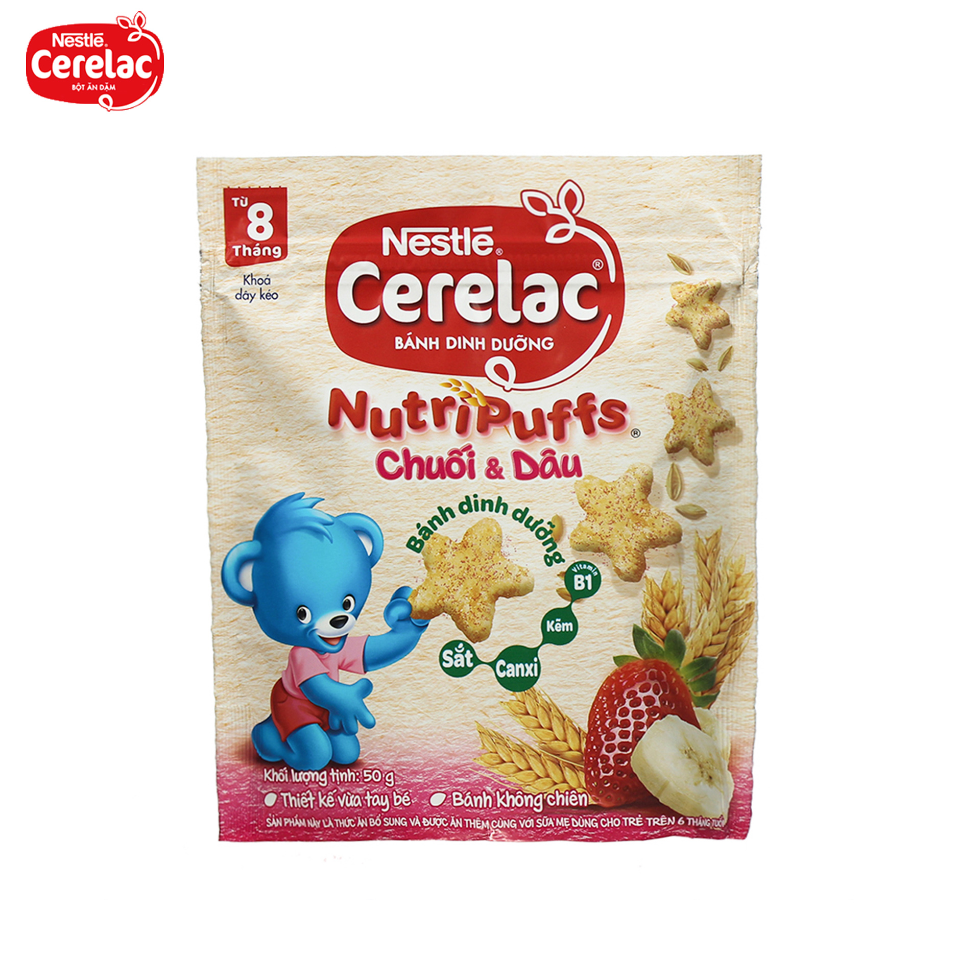 Bánh ăn dặm Nestlé Cerelac Nutripuffs vị chuối dâu - 50g