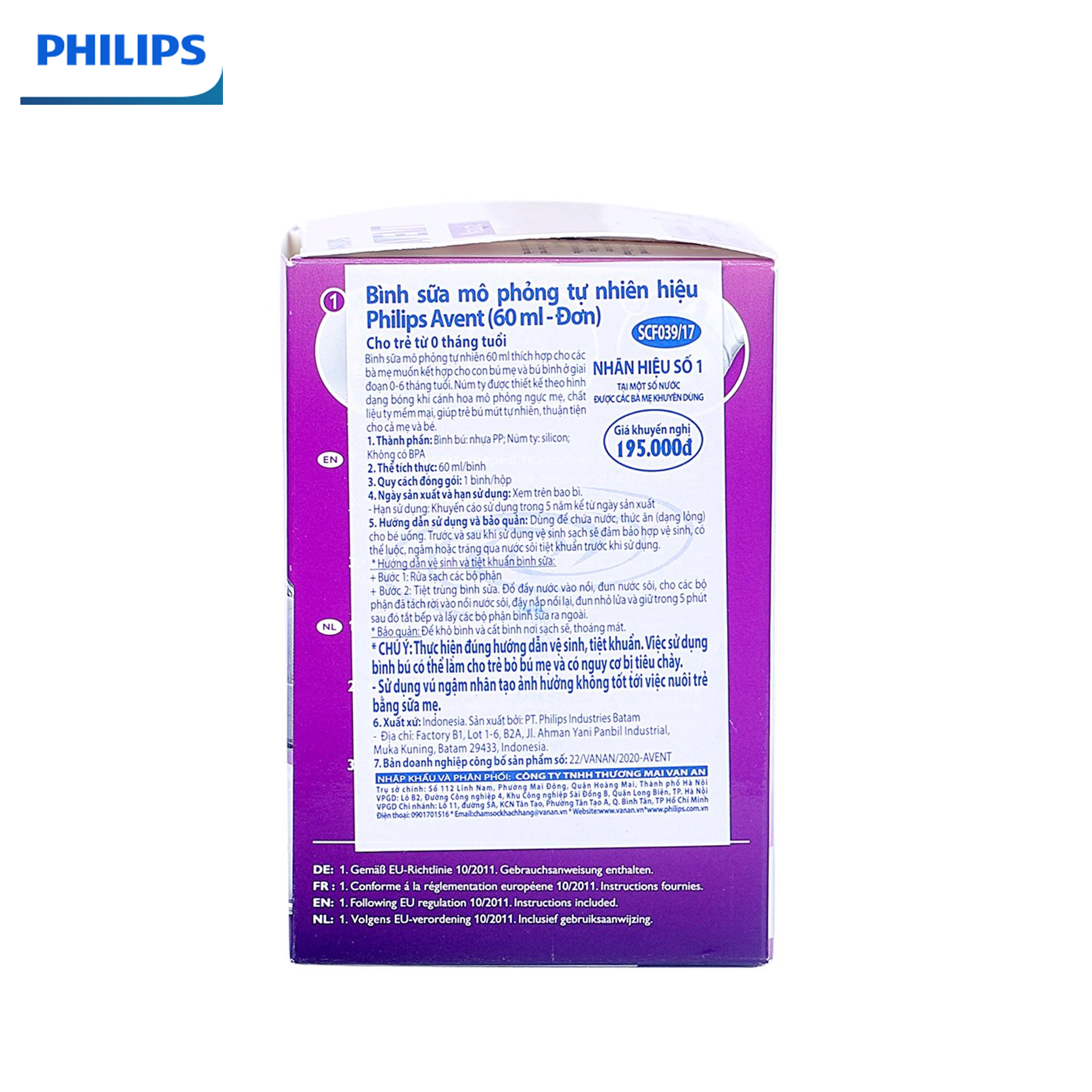 Bình sữa Philips Avent Nature 60ml bằng nhựa, không BPA 0M+ (SCF039.17)