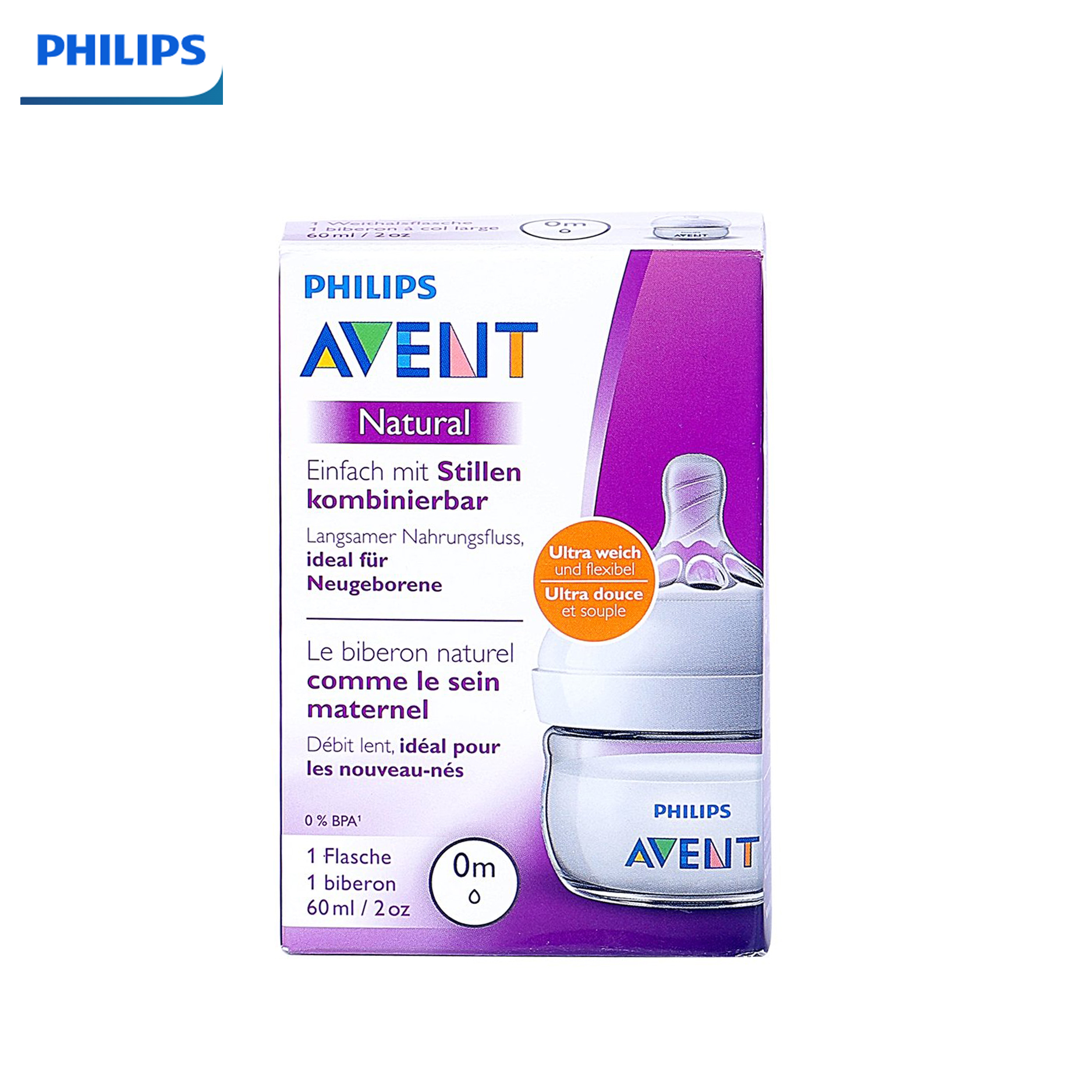Bình sữa Philips Avent Nature 60ml bằng nhựa, không BPA 0M+ (SCF039.17)