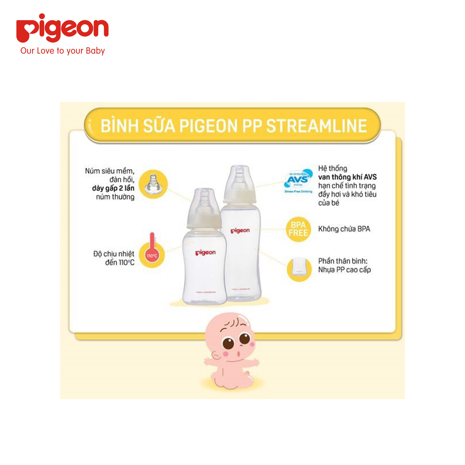 Bình sữa Pigeon cổ hẹp nhựa PP Streamline không BPA 250ml 4M+