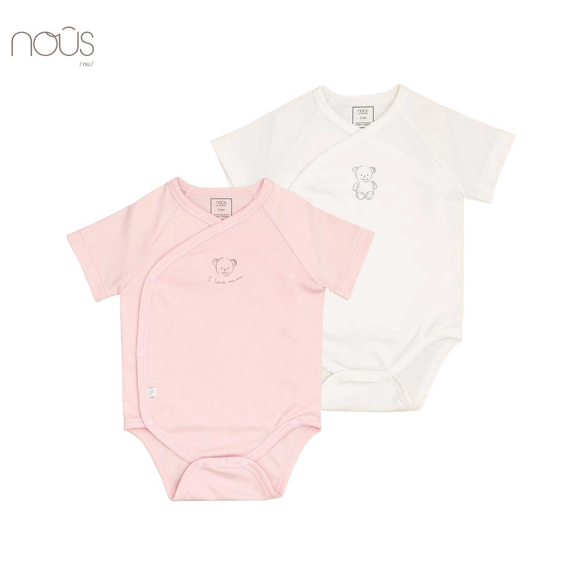 Bộ bodysuit cài lệch cộc tay hồng trắng hình gấu - Set 2 bộ
