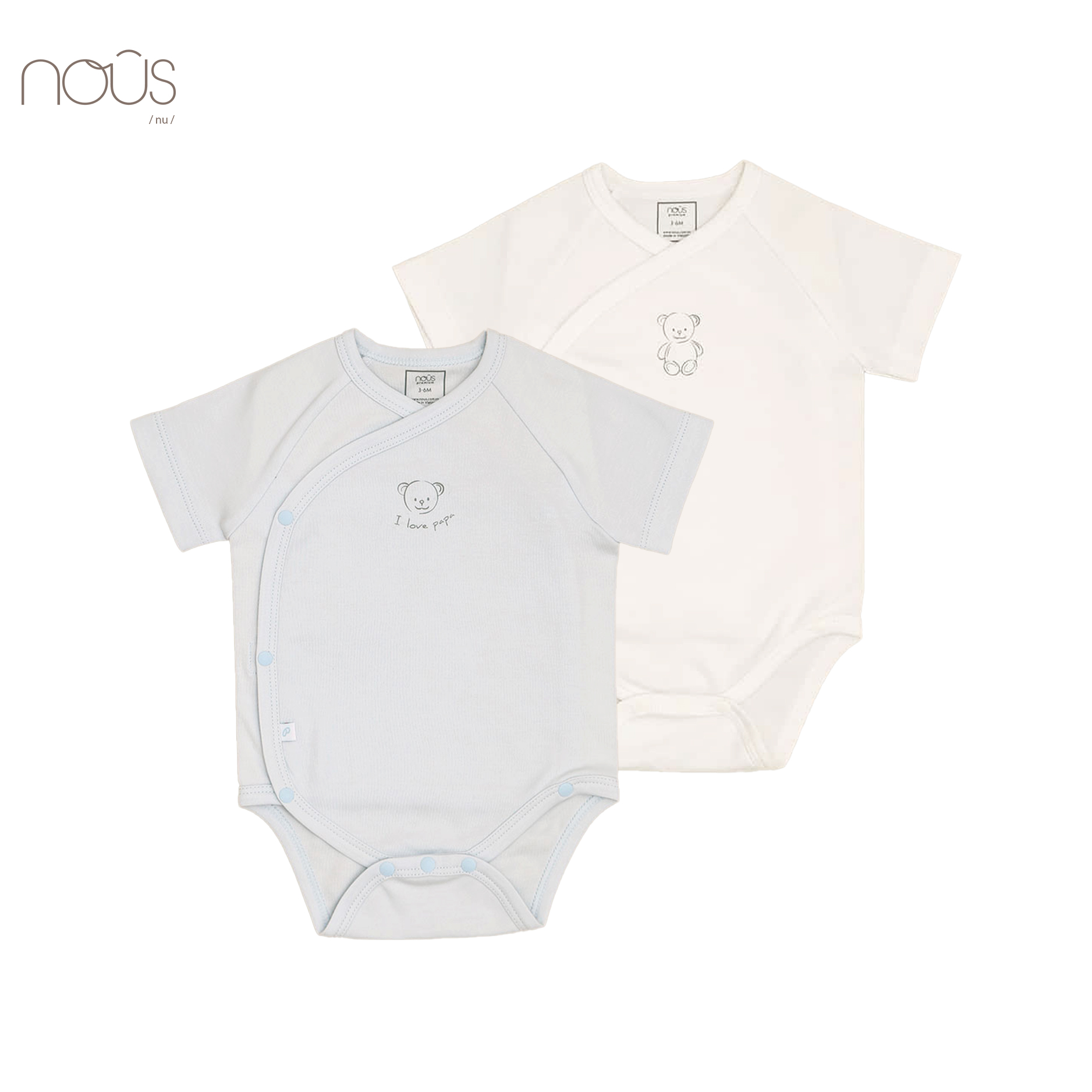 Bộ bodysuit cài lệch cộc tay xanh trắng hình gấu - Set 2 bộ