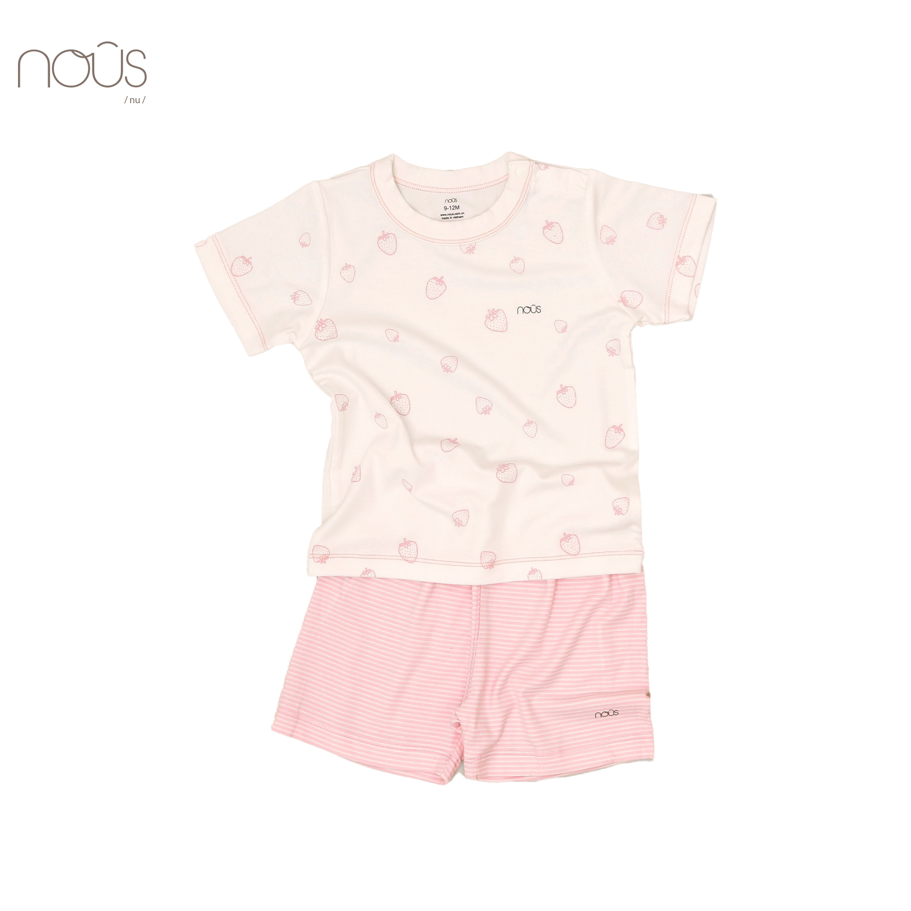 Bộ cài vai cộc kẻ hồng trắng hình quả dâu